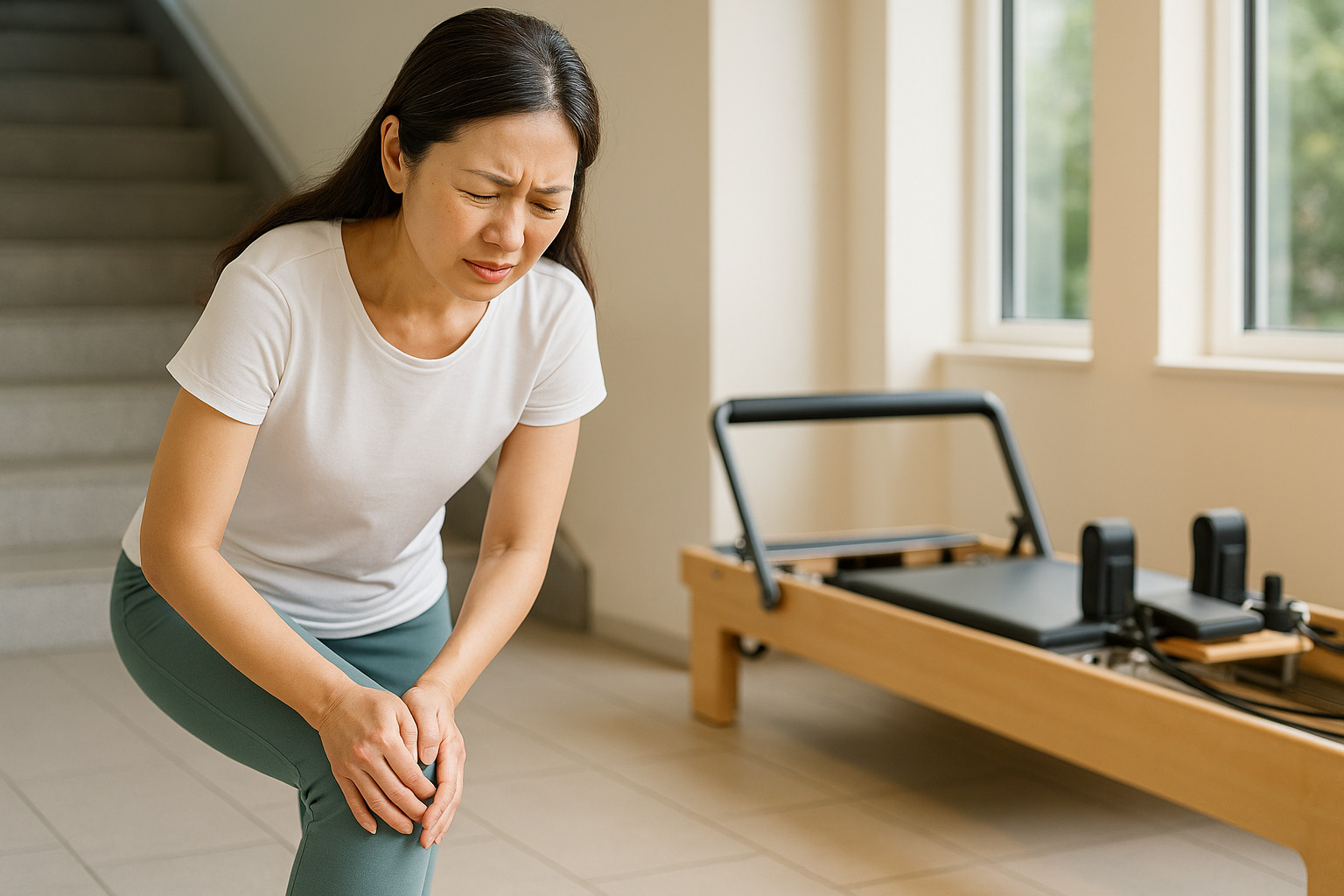 膝の痛みで階段に悩む女性がピラティスで改善する様子
